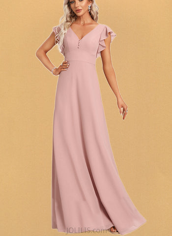 Aurora A-line V-Neck Floor-Length Chiffon Bridesmaid Dress With Ruffle UKP0017453