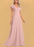 Aurora A-line V-Neck Floor-Length Chiffon Bridesmaid Dress With Ruffle UKP0017453