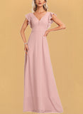 Aurora A-line V-Neck Floor-Length Chiffon Bridesmaid Dress With Ruffle UKP0017453