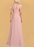 Aurora A-line V-Neck Floor-Length Chiffon Bridesmaid Dress With Ruffle UKP0017453