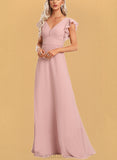 Aurora A-line V-Neck Floor-Length Chiffon Bridesmaid Dress With Ruffle UKP0017453