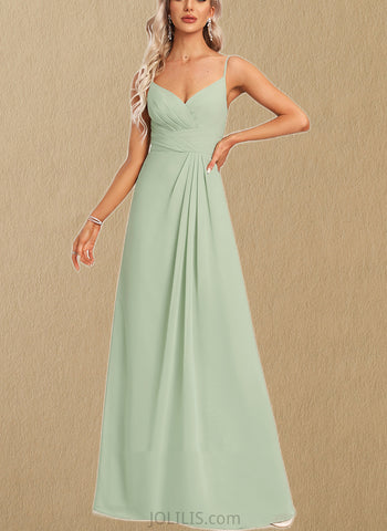 Kyra A-line V-Neck Floor-Length Chiffon Bridesmaid Dress With Ruffle UKP0017455