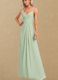 Kyra A-line V-Neck Floor-Length Chiffon Bridesmaid Dress With Ruffle UKP0017455