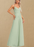 Kyra A-line V-Neck Floor-Length Chiffon Bridesmaid Dress With Ruffle UKP0017455