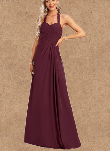 Lily A-line Halter Floor-Length Chiffon Bridesmaid Dress UKP0017457