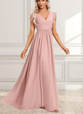 Aspen A-line V-Neck Floor-Length Chiffon Bridesmaid Dress With Ruffle UKP0017465