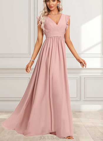 Aspen A-line V-Neck Floor-Length Chiffon Bridesmaid Dress With Ruffle UKP0017465