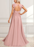 Aspen A-line V-Neck Floor-Length Chiffon Bridesmaid Dress With Ruffle UKP0017465