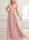 Aspen A-line V-Neck Floor-Length Chiffon Bridesmaid Dress With Ruffle UKP0017465