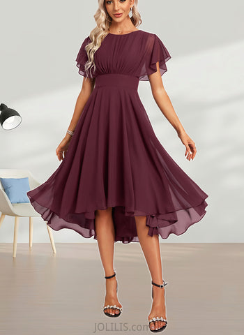 Adyson A-line Scoop Asymmetrical Chiffon Bridesmaid Dress With Ruffle UKP0017466