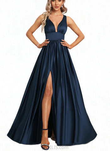 Alexa A-line V-Neck Floor-Length Satin Bridesmaid Dress UKP0017467