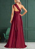 Hedda A-Line One-Shoulder Halter V-neck Floor-Length Satin Bridesmaid Dress UKP0017468