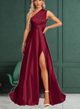 Hedda A-Line One-Shoulder Halter V-neck Floor-Length Satin Bridesmaid Dress UKP0017468