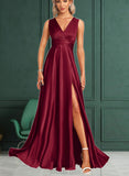 Hedda A-Line One-Shoulder Halter V-neck Floor-Length Satin Bridesmaid Dress UKP0017468