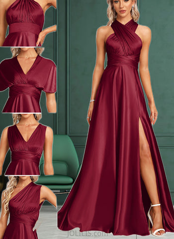 Hedda A-Line One-Shoulder Halter V-neck Floor-Length Satin Bridesmaid Dress UKP0017468