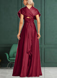 Hedda A-Line One-Shoulder Halter V-neck Floor-Length Satin Bridesmaid Dress UKP0017468