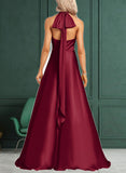 Hedda A-Line One-Shoulder Halter V-neck Floor-Length Satin Bridesmaid Dress UKP0017468