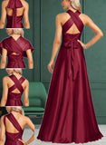 Hedda A-Line One-Shoulder Halter V-neck Floor-Length Satin Bridesmaid Dress UKP0017468