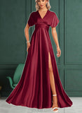 Hedda A-Line One-Shoulder Halter V-neck Floor-Length Satin Bridesmaid Dress UKP0017468