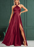 Hedda A-Line One-Shoulder Halter V-neck Floor-Length Satin Bridesmaid Dress UKP0017468