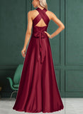 Hedda A-Line One-Shoulder Halter V-neck Floor-Length Satin Bridesmaid Dress UKP0017468