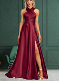 Hedda A-Line One-Shoulder Halter V-neck Floor-Length Satin Bridesmaid Dress UKP0017468