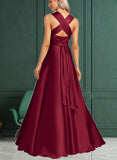 Hedda A-Line One-Shoulder Halter V-neck Floor-Length Satin Bridesmaid Dress UKP0017468