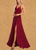 Nathalie A-line V-Neck Floor-Length Chiffon Bridesmaid Dress UKP0017469