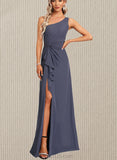 Millie A-line One Shoulder Floor-Length Chiffon Bridesmaid Dress With Ruffle UKP0017470