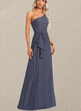 Millie A-line One Shoulder Floor-Length Chiffon Bridesmaid Dress With Ruffle UKP0017470