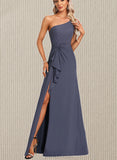 Millie A-line One Shoulder Floor-Length Chiffon Bridesmaid Dress With Ruffle UKP0017470