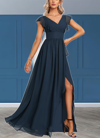 Karly A-line V-Neck Asymmetrical Chiffon Bridesmaid Dress With Ruffle UKP0017471