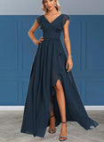 Karly A-line V-Neck Asymmetrical Chiffon Bridesmaid Dress With Ruffle UKP0017471