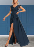 Karly A-line V-Neck Asymmetrical Chiffon Bridesmaid Dress With Ruffle UKP0017471