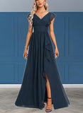 Karly A-line V-Neck Asymmetrical Chiffon Bridesmaid Dress With Ruffle UKP0017471