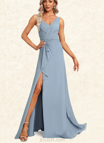 Jordin A-line V-Neck Floor-Length Chiffon Bridesmaid Dress With Ruffle UKP0017475