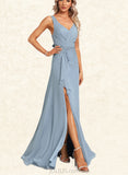 Jordin A-line V-Neck Floor-Length Chiffon Bridesmaid Dress With Ruffle UKP0017475