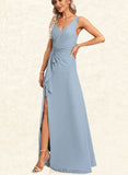 Jordin A-line V-Neck Floor-Length Chiffon Bridesmaid Dress With Ruffle UKP0017475