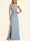 Jordin A-line V-Neck Floor-Length Chiffon Bridesmaid Dress With Ruffle UKP0017475