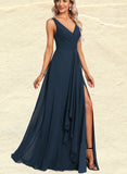 Giselle A-line V-Neck Floor-Length Chiffon Bridesmaid Dress With Ruffle UKP0017476