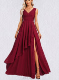 Essence A-line V-Neck Floor-Length Chiffon Bridesmaid Dress With Ruffle UKP0017477