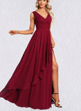 Essence A-line V-Neck Floor-Length Chiffon Bridesmaid Dress With Ruffle UKP0017477