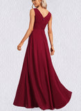 Essence A-line V-Neck Floor-Length Chiffon Bridesmaid Dress With Ruffle UKP0017477