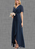 Kinley A-Line V-neck Asymmetrical Chiffon Bridesmaid Dress With Bow(s) Pleated UKP0017482