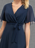 Kinley A-Line V-neck Asymmetrical Chiffon Bridesmaid Dress With Bow(s) Pleated UKP0017482