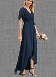 Kinley A-Line V-neck Asymmetrical Chiffon Bridesmaid Dress With Bow(s) Pleated UKP0017482