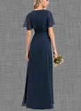 Kinley A-Line V-neck Asymmetrical Chiffon Bridesmaid Dress With Bow(s) Pleated UKP0017482