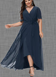 Kinley A-Line V-neck Asymmetrical Chiffon Bridesmaid Dress With Bow(s) Pleated UKP0017482