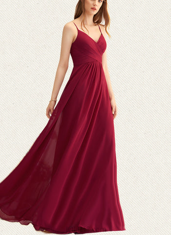 Christina A-Line V-neck Floor-Length Chiffon Bridesmaid Dress With Pleated UKP0017483