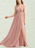 Carmen A-Line V-neck Floor-Length Chiffon Bridesmaid Dress With Pleated UKP0017484